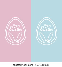 Text for congratulations, invitations, packaging, cards Happy Easter with an egg and cute white bunny ears. Drawing with white lines. Set of two drawings on a pink and blue background.
