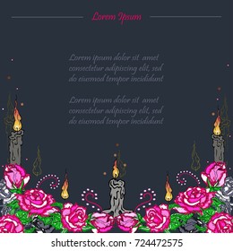 Text copy frame template with candles and pink roses. Funeral card. Day of the dead (Dia de los muertos). Happy Halloween. Vector illustration.