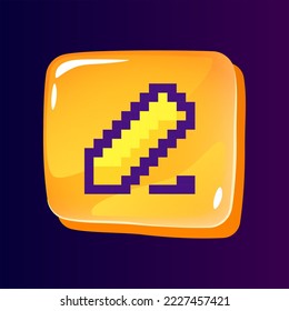 Botón ui para corrección de texto con icono de color pixelado. Servicio digital para clientes. Elemento gráfico editable de 8 bits en forma de rectángulo de vidrio brillante. Imagen aislada para arcade, diseño de videojuegos