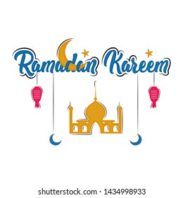 Text with a crescent moon, a mosque icon and lamp icons. Ramadan kareem - Vector