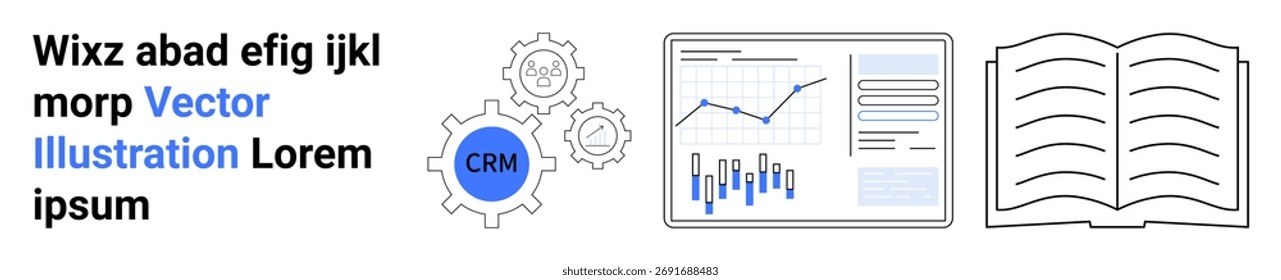 Texto, icono de engranaje de CRM, gráfico de datos y libro abierto. Ideal para análisis de negocio, soluciones de CRM, gestión de datos, educación, presentaciones corporativas, marketing digital, landing page