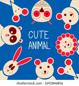 Text cute animal face owl,mouse,panda, rabbit,lion,bearlat, cartoon.Vector illustration on isolated background. 
