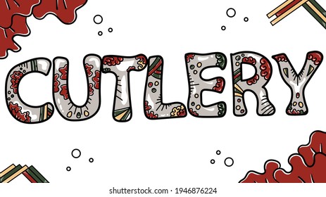 Text Cutlery decorated with ornament. Vector hand drawn lettering illustration for menu, brochure, catalog, bar, restaurant. Abstract web banner.