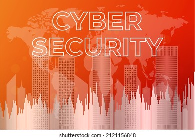 Text Cyber Security on red financial market chart with world map and city shape. Investment concept