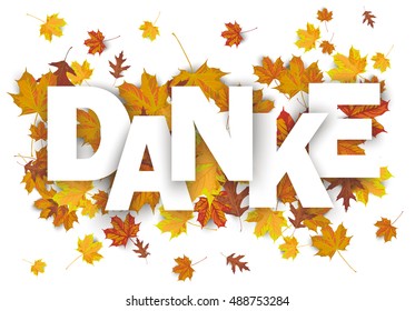 Text Danke, translate Thanks with autumn foliage on the white background. Eps 10 vector file.