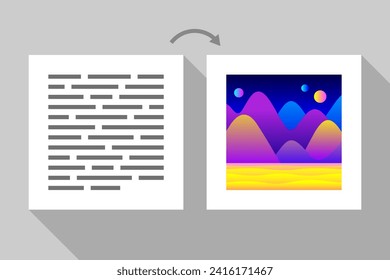 Textdaten werden in Bild umgewandelt, Bildkonzept, das aus der Textbeschreibung mit künstlicher Intelligenz und spezieller Software, moderner AI-Technologie, kreativem Arbeiten und digitaler Kunst generiert wird