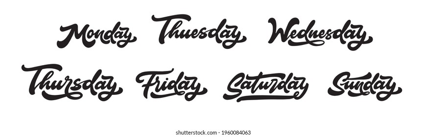 Text day Monday, Tuesday, Wednesday, Thursday, Friday, Saturday, Sunday, card with text. Flat vector stock illustration. Weekday, weekend lettering. Day of the weekday. Vector illustration. EPS 10.