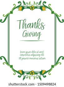 Text decoration of thanksgiving, cute beautiful orange flower frame and green leaves. Vector