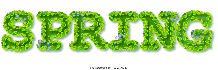 Text decorative SPRING of leaves and flowers on a white background