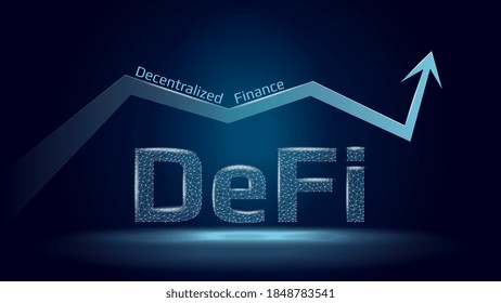 Texto Defi finanzas descentralizadas y flecha hacia arriba en estilo de wireframe poligonal sobre fondo azul oscuro. El sector de crecimiento de las aplicaciones y servicios financieros. Ilustración vectorial.