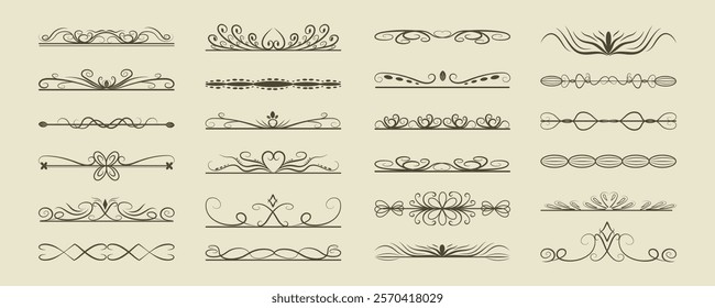 Text delimiters Doodle set. Wedding decorative elements. Divider ornament, borders, vintage line separators. Vintage decorative decorations for invitations, postcards, menus. Decorated vintage frames.