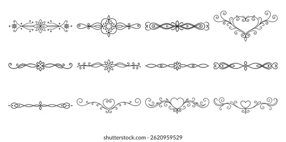 Text delimiters and scroll elements, Graphic underline elements, Vintage divider, vector illustration border, graphic elements