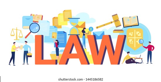 Text description LAW and small people around it. Concept with keywords, letters, and icons. Colorful flat vector illustration, Isolated on white background