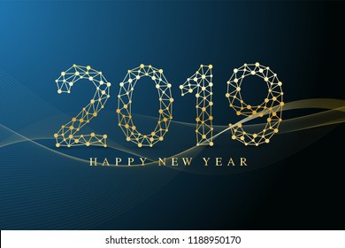 Text design Christmas and Happy new year 2019. Graphic background communication. Connected lines with dots. Design element for presentations, postcards, flyers, leaflets and posters, illustration