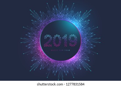 Text design Christmas and Happy new year 2019. Graphic background communication. Connected lines with dots. Design element for presentations, postcards, flyers, leaflets and posters, illustration