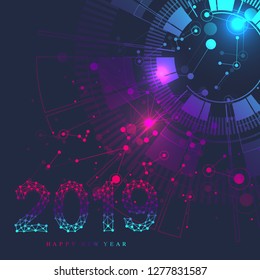 Text design Christmas and Happy new year 2019. Graphic background communication. Connected lines with dots. Design element for presentations, postcards, flyers, leaflets and posters, illustration.