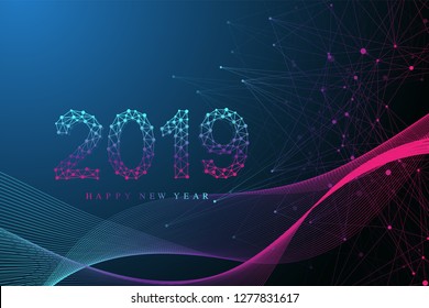 Text design Christmas and Happy new year 2019. Graphic background communication. Connected lines with dots. Design element for presentations, postcards, flyers, leaflets and posters, illustration.