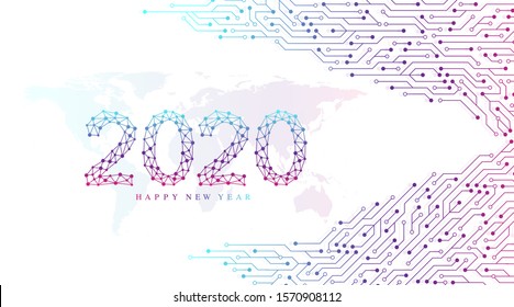 Text design Christmas and Happy new year 2020. Graphic background communication 2020. Connected lines with dots. Computer motherboard vector background with circuit board electronic elements.