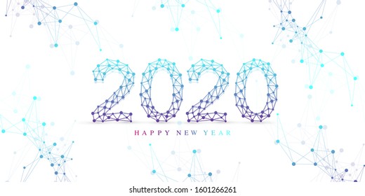 Text design Christmas and Happy new year 2020. Graphic background communication 2020. Connected lines with dots. Design element for presentations, postcard, flyers, leaflets and posters, illustration.