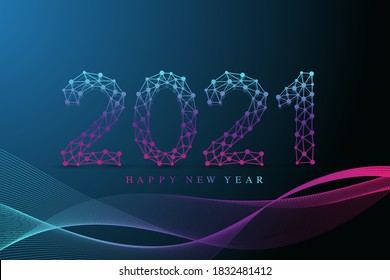 Text design Christmas and Happy new year 2021. Graphic background communication 2021. Connected lines with dots. Design for presentations, flyer, poster. Low poly wireframe digital vector illustration