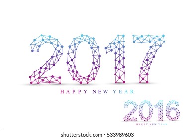 Text design Christmas and Happy new year 2017 or 2016 . Connected lines with dots. Lines plexus. Scientific cybernetic vector illustration