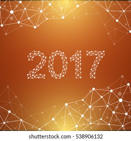 Text design Christmas and Happy new year 2017. Graphic background molecule and communication. Connected lines with dots. Lines plexus. Scientific cybernetic vector illustration
