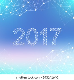Text design Christmas and Happy new year 2017. Graphic background molecule and communication. Connected lines with dots. Lines plexus. Scientific cybernetic vector illustration