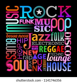 Text design composition isolated on a black background Music styles vector illustration. Layers of the text background.