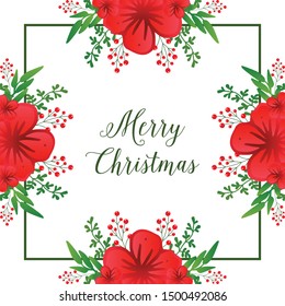 Text design of greeting card merry christmas, with ornament of red flower frame. Vector