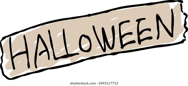 A text design of "HALLOWEEN" in a masking tape style.