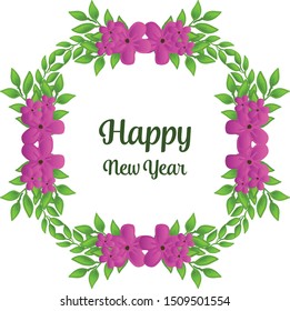 Text design of happy new year, with cute purple flower frame. Vector