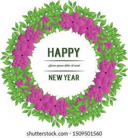 Text design of happy new year, with cute purple flower frame. Vector