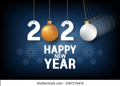 Text design Happy new year 2020 with gold ball and silver ball. Vector illustration.