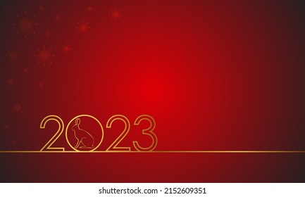 Textdesign Schönes neues Jahr 2023 mit goldenen Zahlen und einem Hasen auf rotem Hintergrund mit Schneeflocken. Festliches Poster, Grußkarte oder Einladungsvorlage. Jahr des Kaninchens. Platz für Text. Vektorgrafik