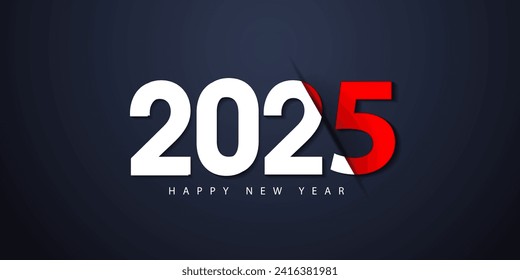 Text design Happy New Year 2025. Vector logo 2025 for decorating holidays and the season, branding, banner, postcard or social network.White and red numbers are separated on a dark background.