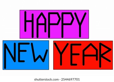 Text design "happy new year" with pink, blue, red colors