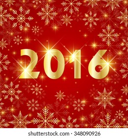 Text design Happy New Year 2016 on the red background  with golden snowflakes. Vector illustration.