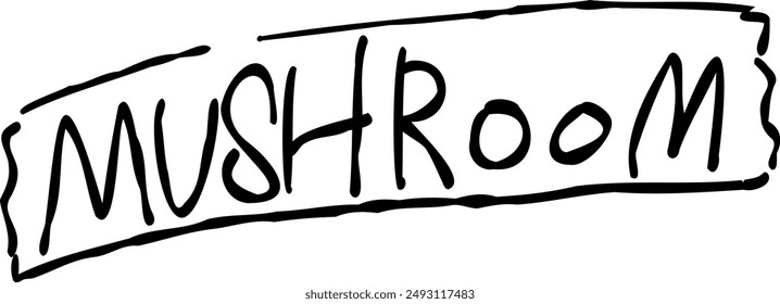 A text design of "MUSHROOM" in a masking tape style