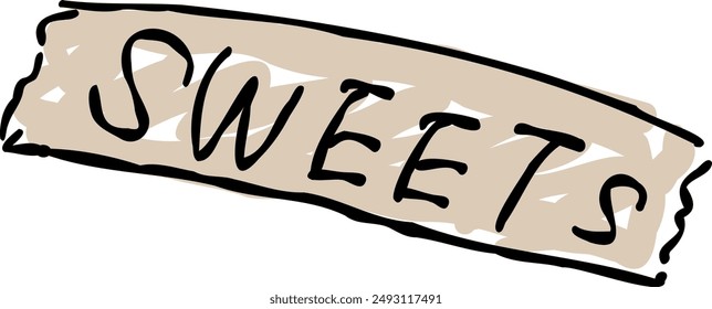 A text design of "SWEETS" in a masking tape style.