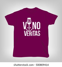 Text design In vino veritas, Latin proverb which could be translated as meaning In wine, truth. Icon logo with glass of wine and smile. To design shirts, cards, decorations, posters. Vector