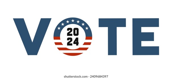 Text design with the word VOTE for the United States of America presidential election in 2024. With the usa flag colors and elements