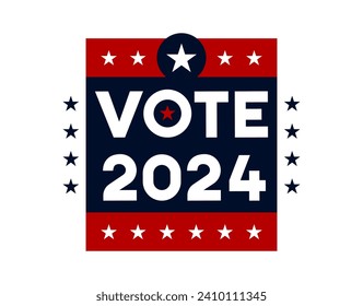 Text design with the word VOTE for the United States of America presidential election in 2024. With the usa flag colors and elements