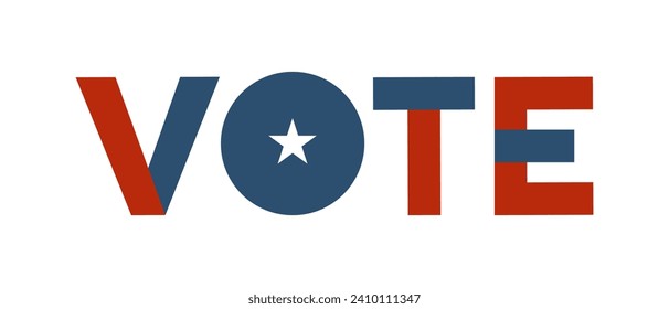 Text design with the word VOTE for the United States of America presidential election in 2024. With the usa flag colors and elements