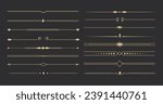 Text devider set, gold line minimal separators, elegant doodlle borders, decorative elements isolated on dark background.