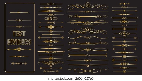 Text devider set, gold line minimal separators, elegant doodlle borders, decorative elements isolated on dark background. text dividers. line border. Gold Lines 