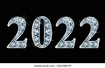 Text from diamonds 2022, gemstone and gold styled numbers, vector illustration. 