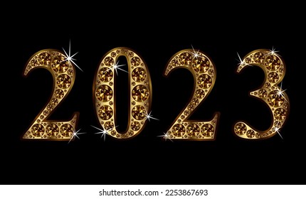 Text from diamonds 2023, gemstone and gold styled numbers, vector illustration. 