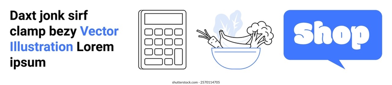 Text in different fonts and colors alongside images of a calculator representing finance, a bowl of vegetables symbolizing healthy eating, and a chat bubble with the word Shop. Ideal for e-commerce