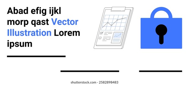 Text with a digital chart and a blue lock symbolizes data analysis and security. Ideal for cybersecurity, data analysis, privacy protection, digital solutions, modern technology. Banner for landing