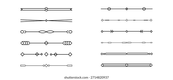 Separador de texto. juego de divisores de líneas geométricas. borde de línea de Vector dibujado a mano. Separadores de línea.  Vector de adornos y líneas divisoras de página. Diseño tipográfico. Ilustración vectorial. arte lineal, silueta